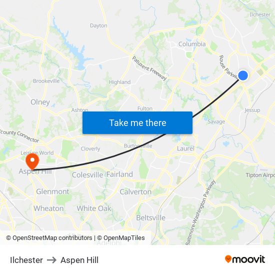 Ilchester to Aspen Hill map