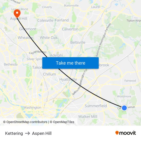 Kettering to Aspen Hill map