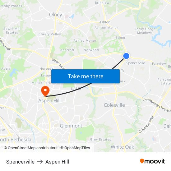 Spencerville to Aspen Hill map