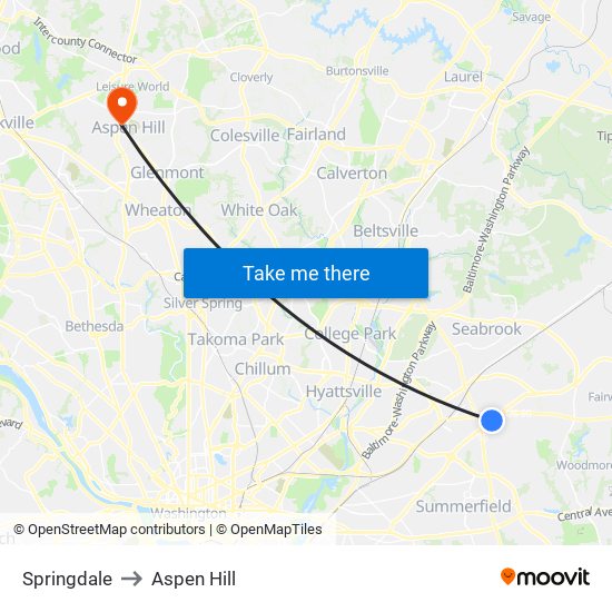 Springdale to Aspen Hill map