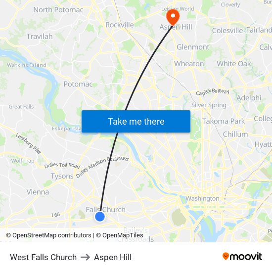 West Falls Church to Aspen Hill map