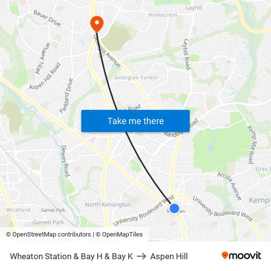 Wheaton Station  & Bay H & Bay K to Aspen Hill map