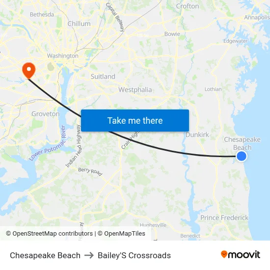 Chesapeake Beach to Bailey'S Crossroads map