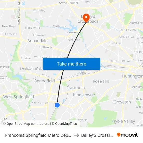 Franconia Springfield Metro Departures to Bailey'S Crossroads map
