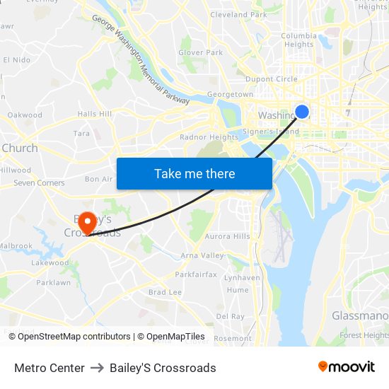 Metro Center to Bailey'S Crossroads map