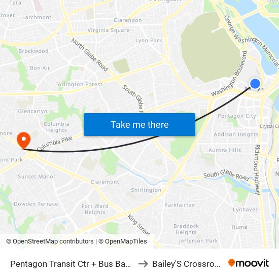 Pentagon Transit Ctr + Bus Bay U7 to Bailey'S Crossroads map