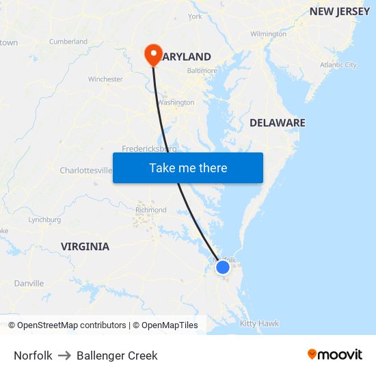 Norfolk to Ballenger Creek map