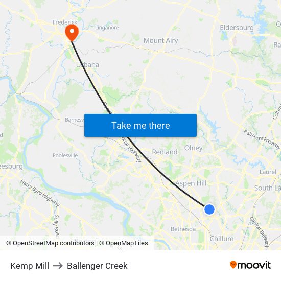 Kemp Mill to Ballenger Creek map