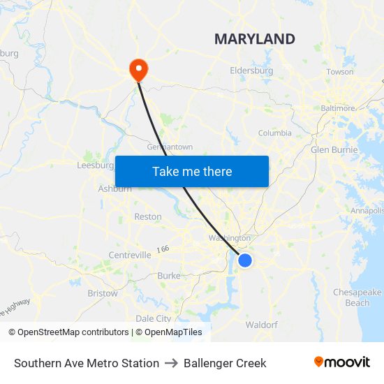 Southern Ave Metro Station to Ballenger Creek map