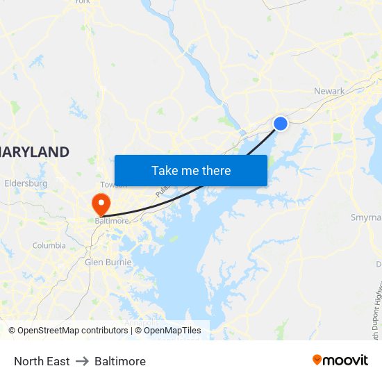 North East to Baltimore map