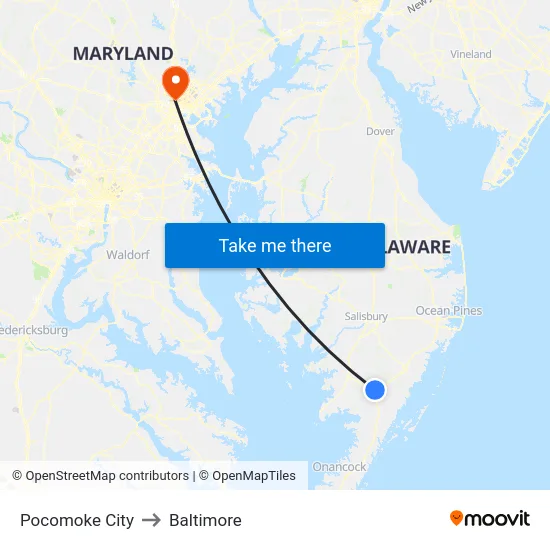 Pocomoke City to Baltimore map