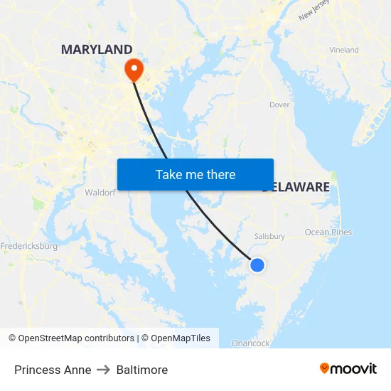 Princess Anne to Baltimore map