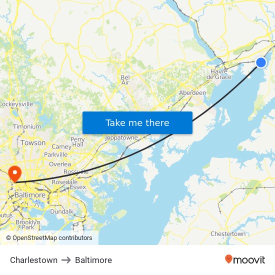 Charlestown to Baltimore map