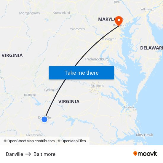 Danville to Baltimore map