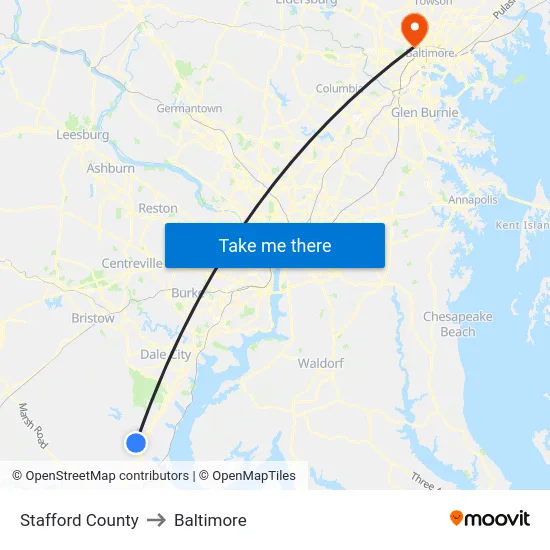 Stafford County to Baltimore map