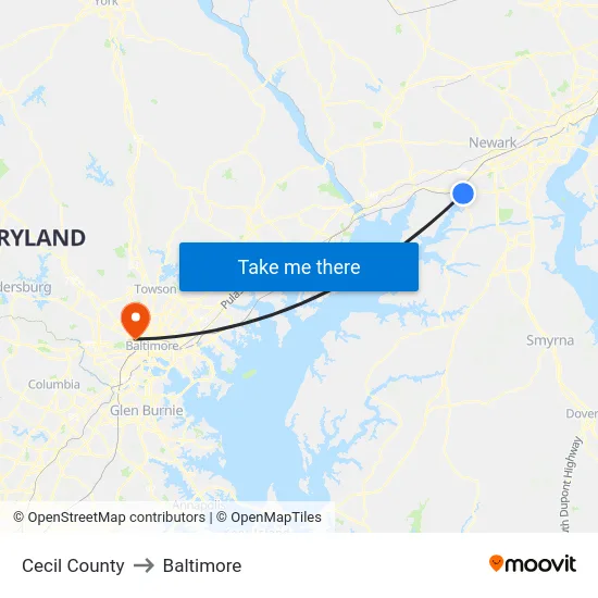 Cecil County to Baltimore map