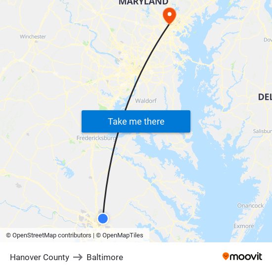 Hanover County to Baltimore map