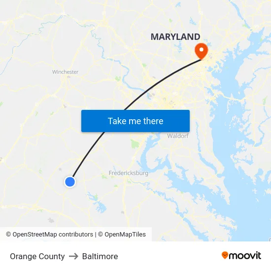 Orange County to Baltimore map