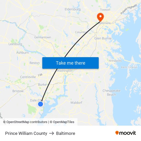 Prince William County to Baltimore map