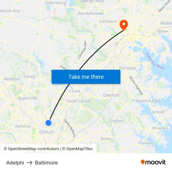 Adelphi to Baltimore map