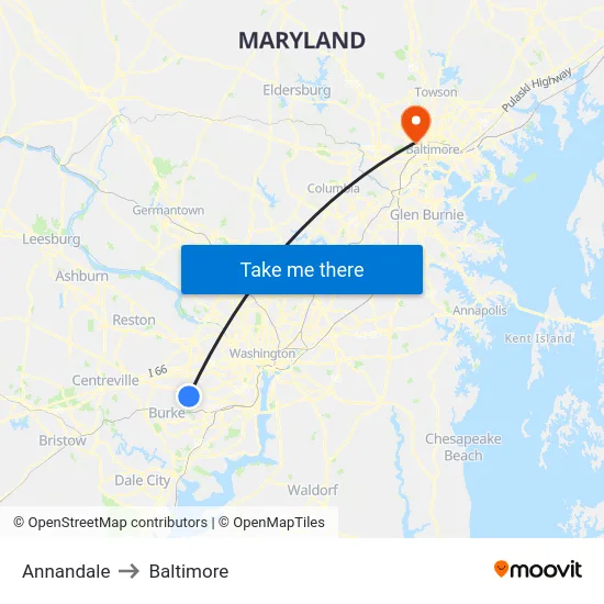 Annandale to Baltimore map