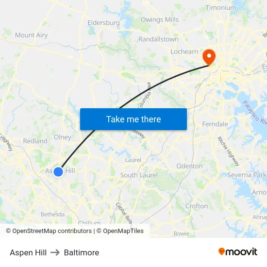 Aspen Hill to Baltimore map