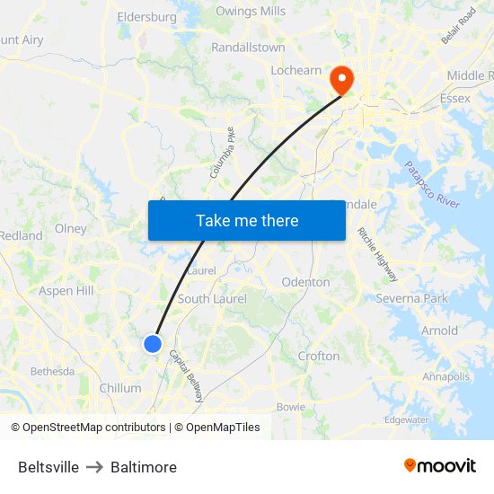 Beltsville to Baltimore map