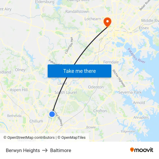 Berwyn Heights to Baltimore map