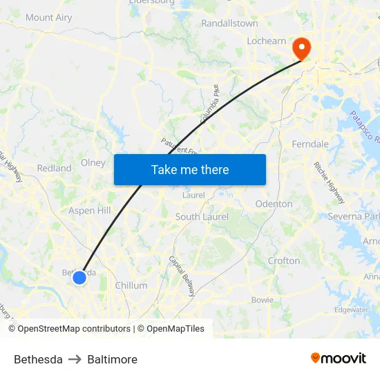 Bethesda to Baltimore map