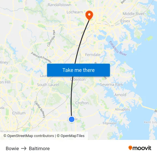 Bowie to Baltimore map