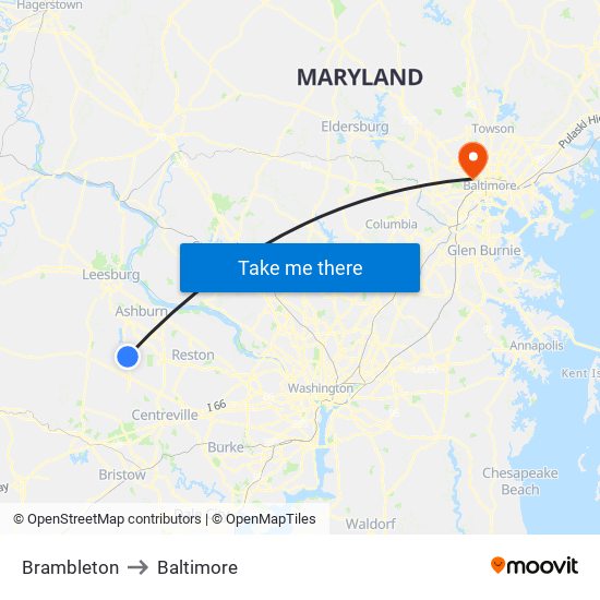 Brambleton to Baltimore map