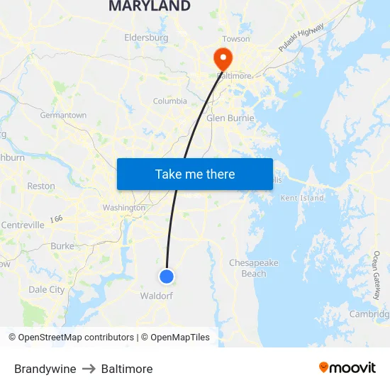Brandywine to Baltimore map