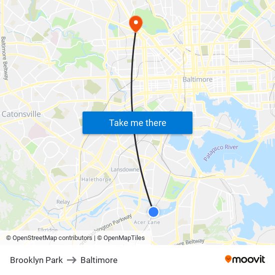 Brooklyn Park to Baltimore map