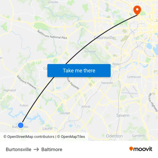 Burtonsville to Baltimore map