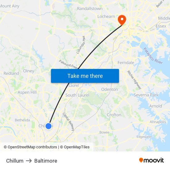 Chillum to Baltimore map