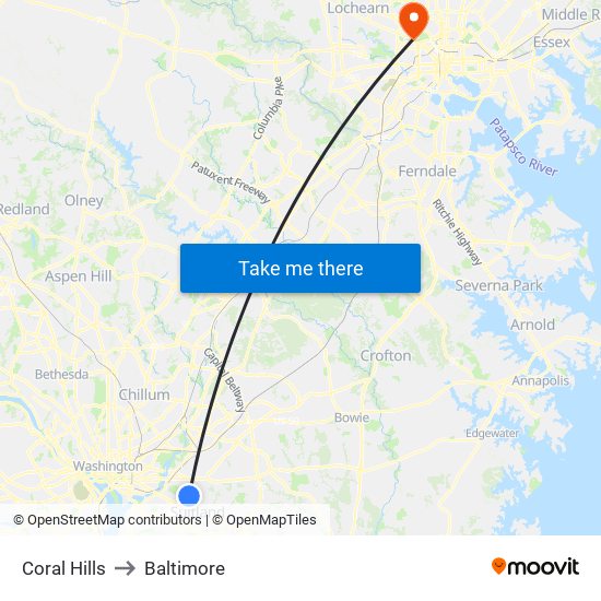Coral Hills to Baltimore map