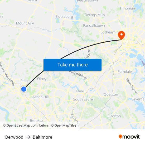 Derwood to Baltimore map