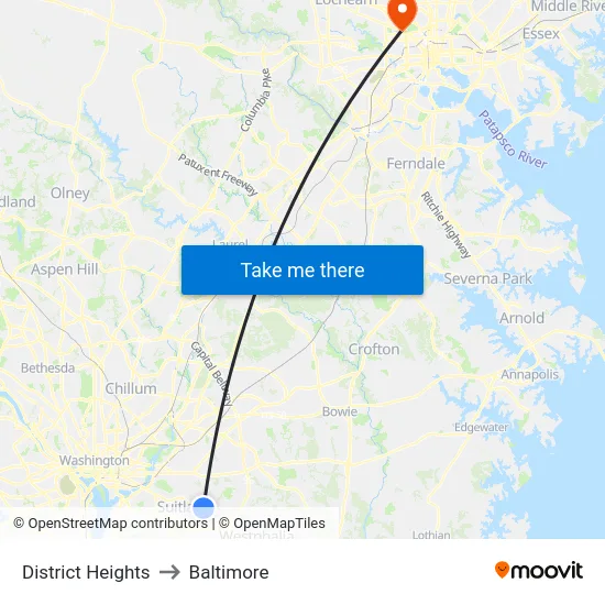District Heights to Baltimore map