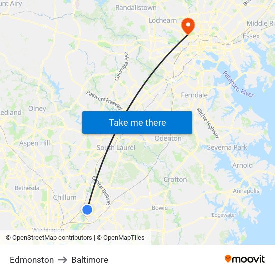 Edmonston to Baltimore map