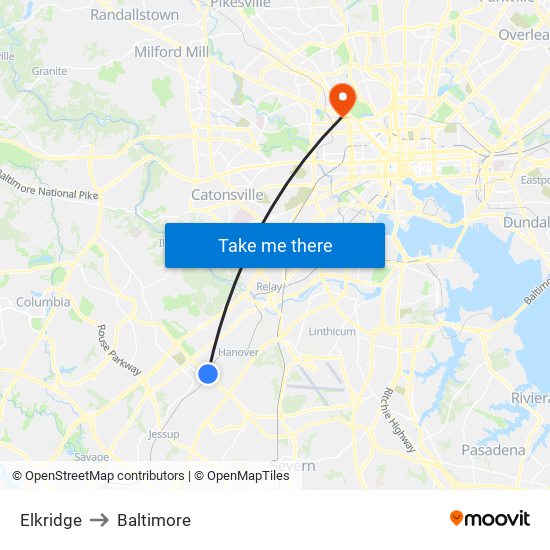 Elkridge to Baltimore map