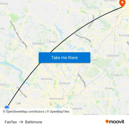 Fairfax to Baltimore map