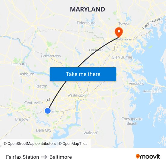 Fairfax Station to Baltimore map