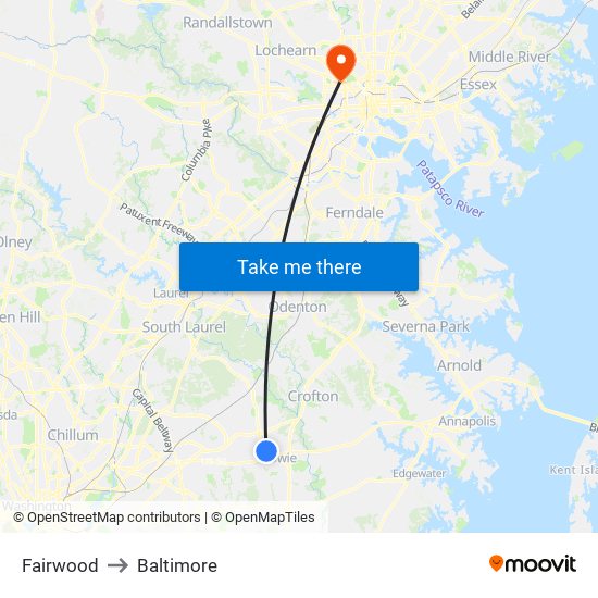 Fairwood to Baltimore map