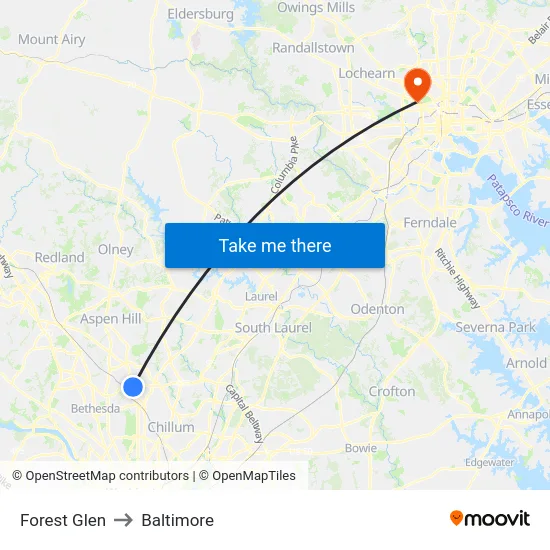 Forest Glen to Baltimore map