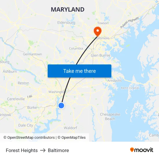 Forest Heights to Baltimore map