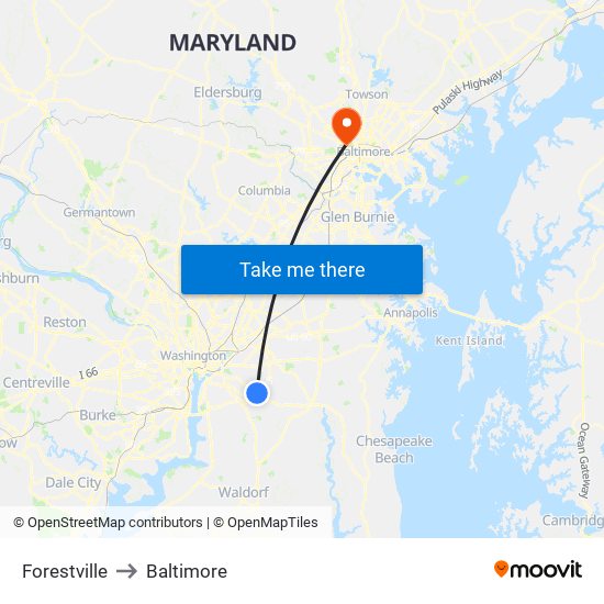 Forestville to Baltimore map