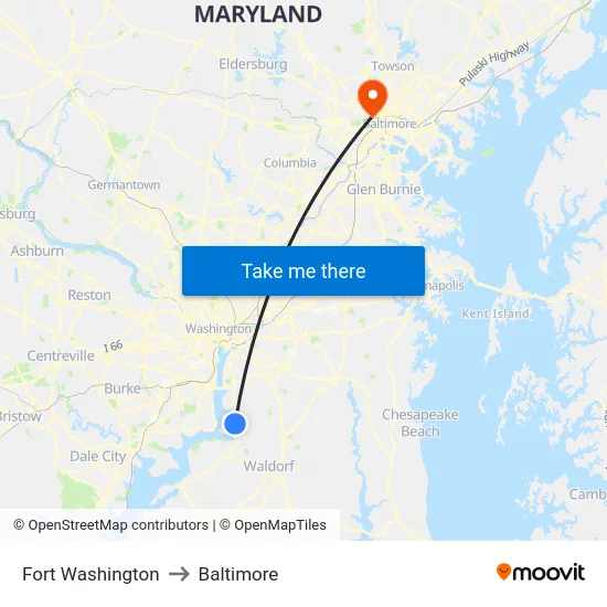 Fort Washington to Baltimore map