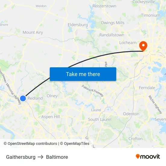 Gaithersburg to Baltimore map