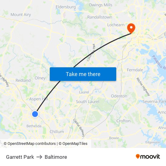 Garrett Park to Baltimore map