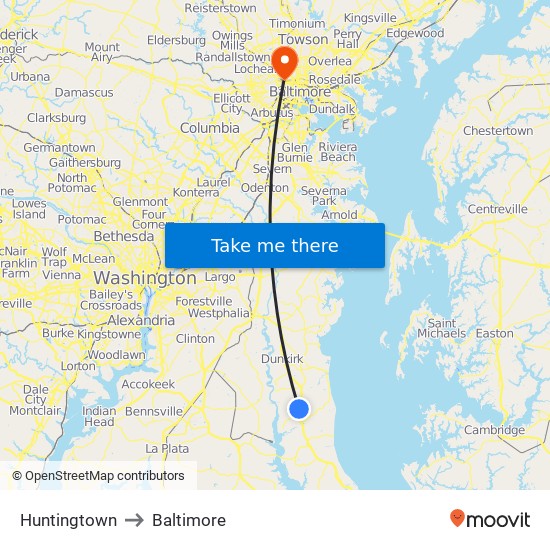 Huntingtown to Baltimore map